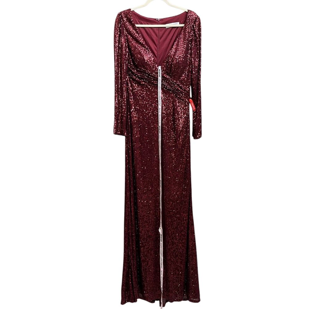 Ieena Mac Duggal 10 Long Sleeve Sequin V Neck Maxi Dress Formal Gown Prom Gala